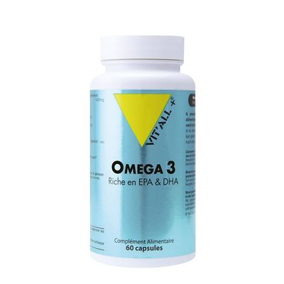 Oméga 3 60 capsules Oméga 3 Vit'All+ 60 capsules riche en EPA DHA huile de poissons purifiée.