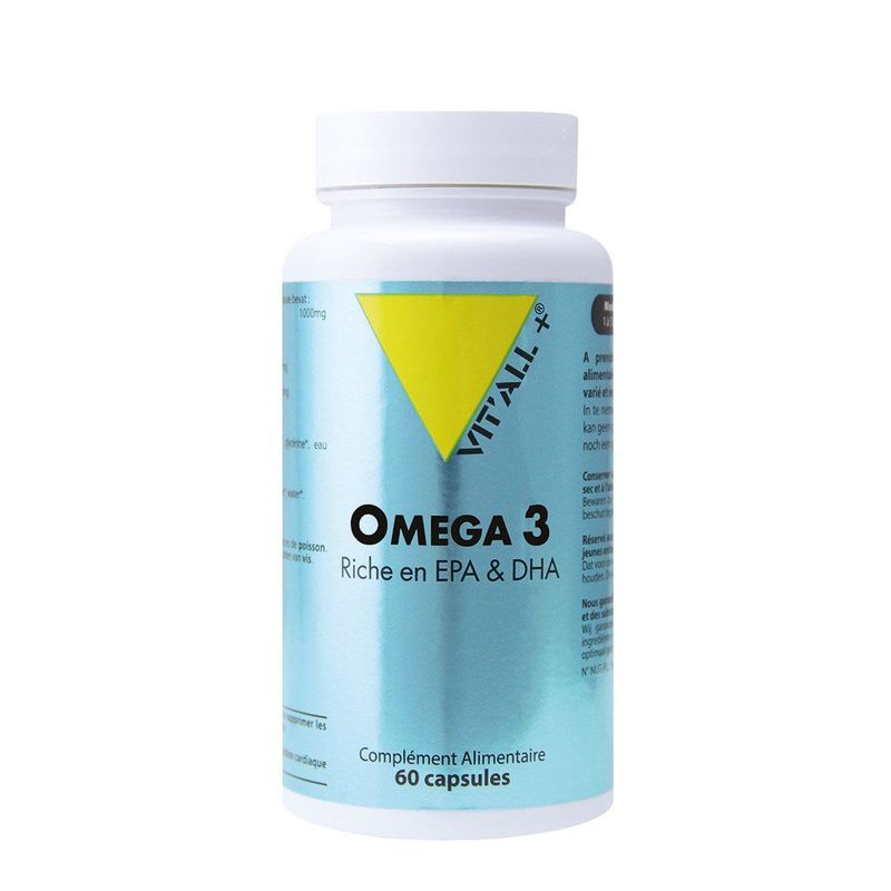Oméga 3 Vit'All+ 60 capsules riche en EPA DHA huile de poissons purifiée.