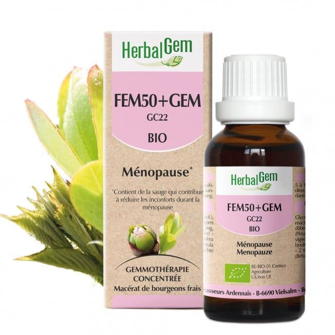 Fem50 + Gem bio 30 ml Fem50 gem herbalgem 30 ml complexe gemmotherapie airelle pommier ronce aubepine sauge Herboristerie Cousin Wiame Wattrelos.