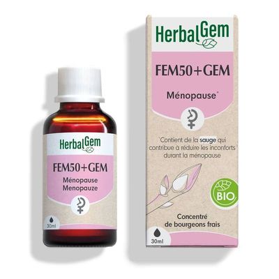 FEM50+GEM Bio HerbalGem – Ménopause – 30 ml Fem50 + Gem Bio HerbalGem complexe de bourgeons pour la ménopause à base de sauge, pommier, ronce, flacon 30 ml