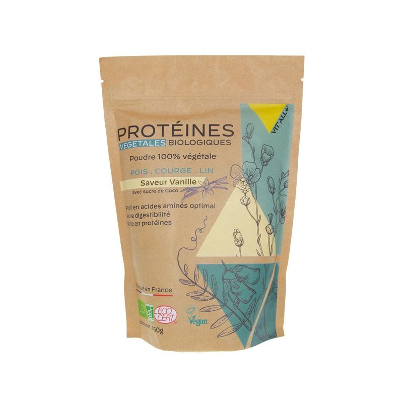 Protéines Végétales Vanille Bio Vitall Plus poudre protéines végétales pois courge lin saveur vanille biologique 450 g sans l