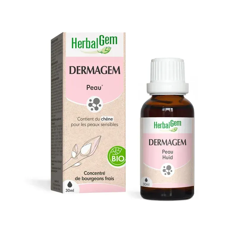 Dermagem Bio HerbalGem – Peau – 30 ml Dermagem Bio HerbalGem complexe de bourgeons pour la peau à base de chêne, viorne lantane, cassis, flacon 30 ml