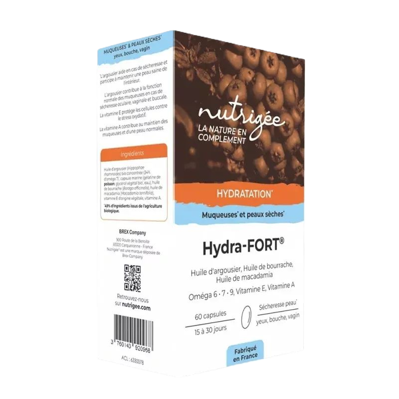 Hydra-FORT® Argousier bio 60 capsules Hydra-FORT Argousier Bio Nutrigée 60 capsules – oméga 6, 7 et 9, huile d’argousier et bourrache