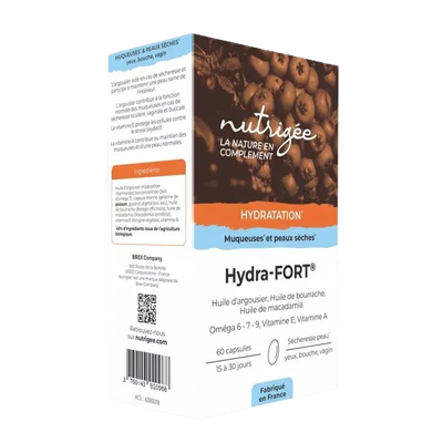 Hydra-FORT® Argousier bio 60 capsules Hydra-FORT Argousier Bio Nutrigée 60 capsules – oméga 6, 7 et 9, huile d’argousier et bourrache