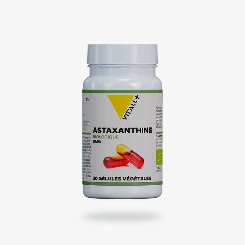 Astaxanthine Bio 8 mg – 30 gélules Astaxanthine Biologique 8 mg Vit’All+ issue de l’algue Haematococcus pluvialis – 30 gélules végétales
