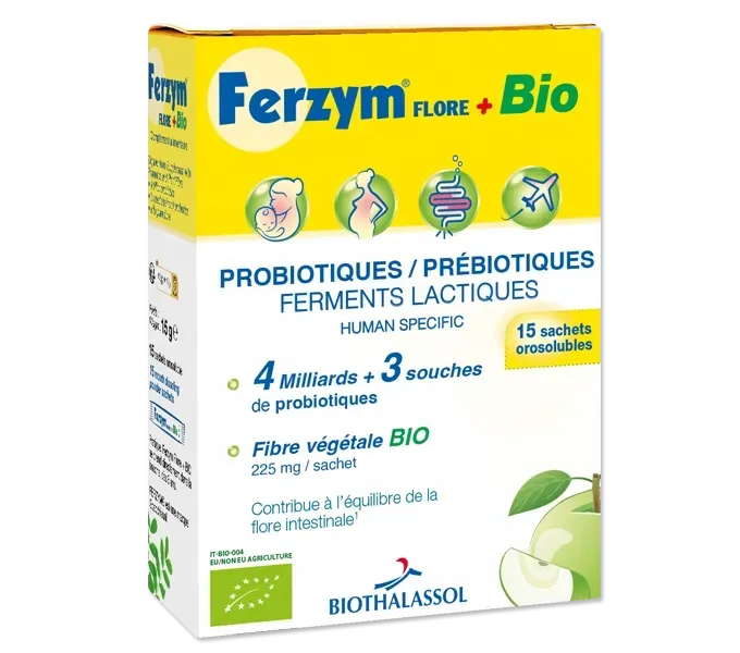FERZYM FLORE + BIO – 15 sachets Ferzym Flore + Bio Biothalassol – 15 sachets aux 3 souches de ferments lactiques et fibres d'acacia biologique