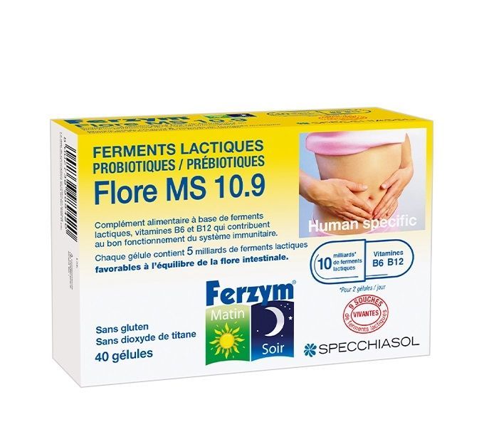 Ferzym Flore 40 gélules Ferzym Flore MS 10.9 40 gélules probiotiques prébiotiques et vitamines B Specchiasol