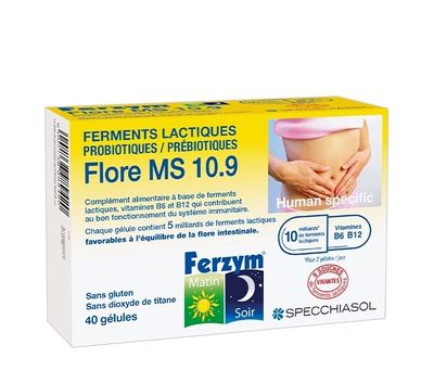 Ferzym Flore 40 gélules Ferzym Flore MS 10.9 40 gélules probiotiques prébiotiques et vitamines B Specchiasol