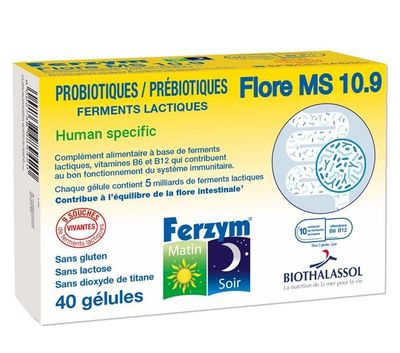 FERZYM FLORE MS 10.9 – 40 gélules Ferzym Flore MS 10.9 Biothalassol – Boîte de 40 gélules matin et soir, 9 souches de ferments lactiques et prébiotiques.