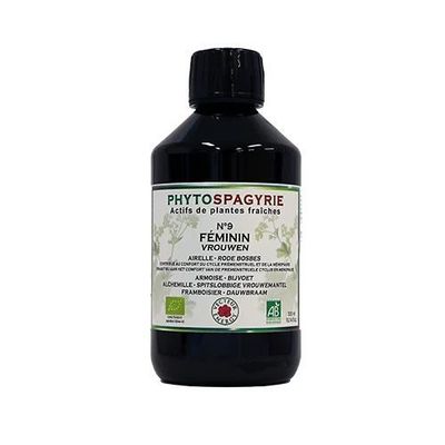 Phytospagyrie N°9 Féminin Bio – 300 ml Phytospagyrie N°9 Féminin Bio Vecteur Energy – Flacon 300 ml à l'airelle, armoise, alchémille et framboisier