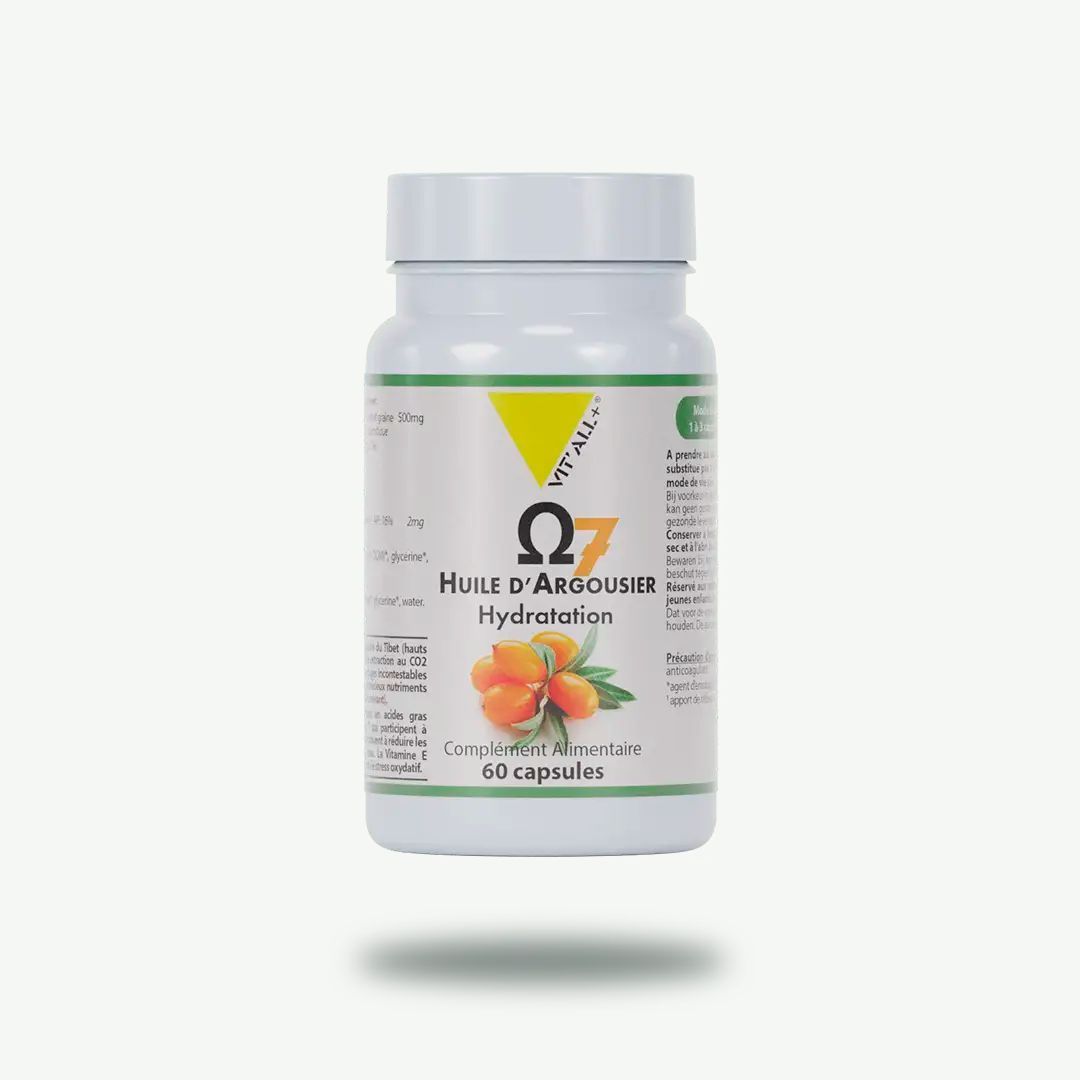 Oméga 7 Huile d’Argousier 500 mg Vit’All+ – Huile de fruit et graine d’argousier – 60 capsules
