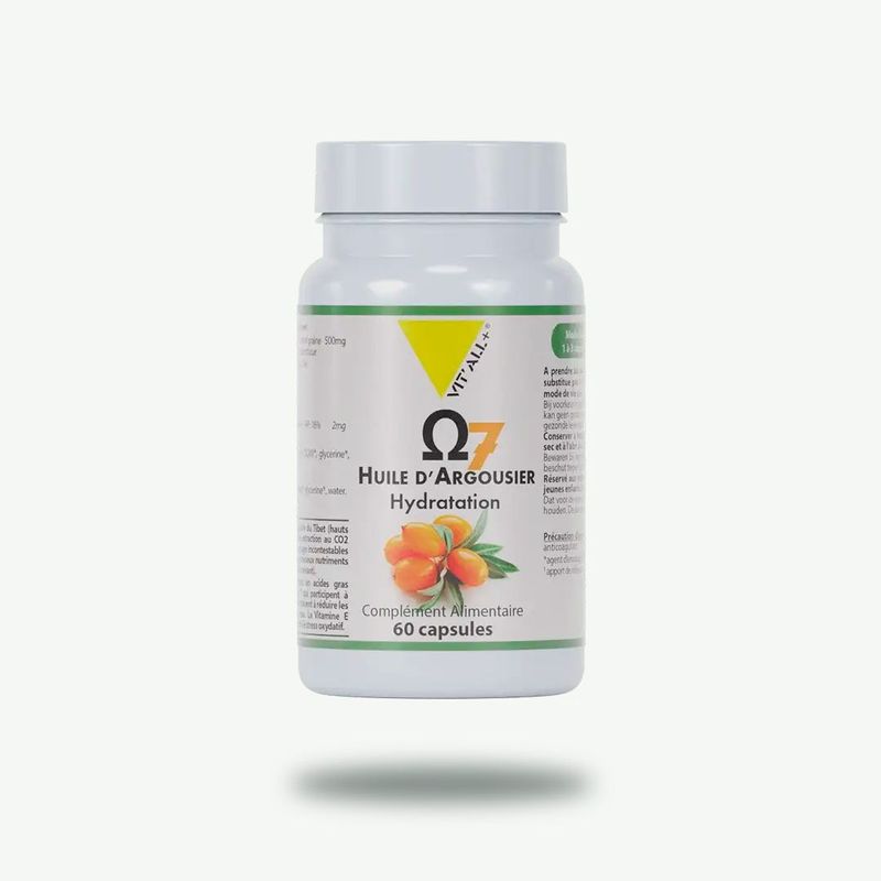 Oméga 7 Huile d’Argousier 500 mg – 60 capsules Oméga 7 Huile d’Argousier 500 mg Vit’All+ – Huile de fruit et graine d’argousier – 60 capsules