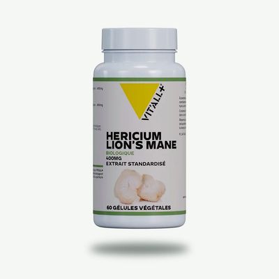 Héricium Bio 400 mg – 60 gélules Héricium Bio Vit’All+ – Lion’s Mane 400 mg, extrait 8:1 standardisé à 30 % de bêta-glucanes – 60 gélules