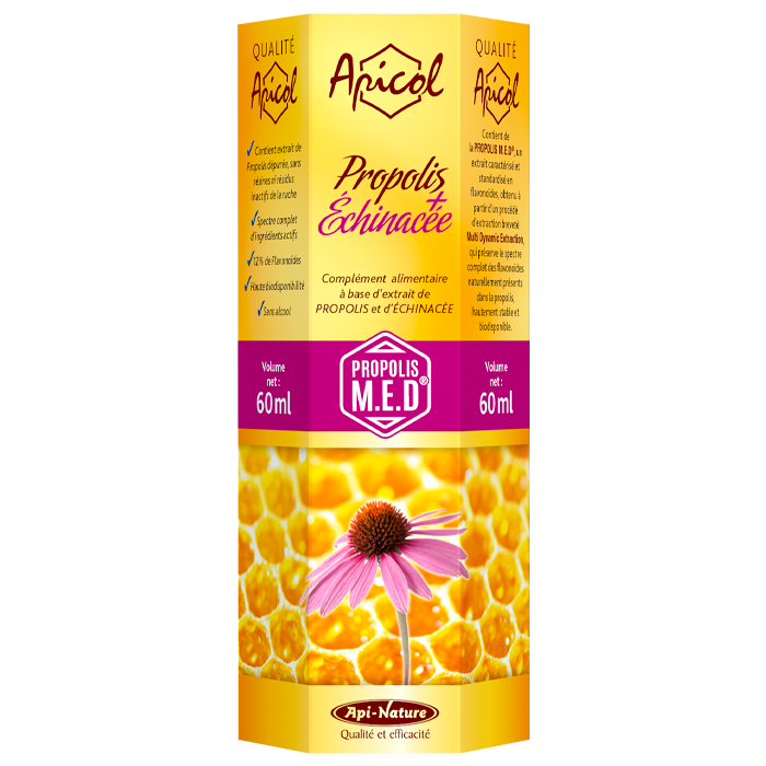 Propolis + Échinacée Apicol – 60 ml Propolis + Échinacée Apicol – Propolis M.E.D® à 12 % de flavonoïdes et Echinacea purpurea – 60 ml