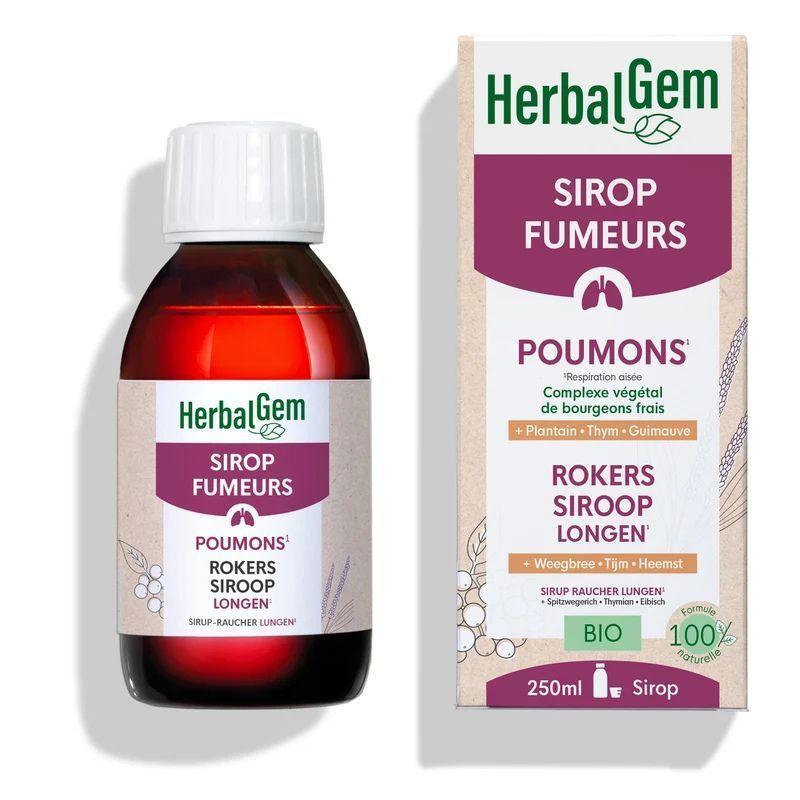 Sirop des Fumeurs Bio HerbalGem – Poumons – 250 ml Sirop des fulmeurs Bio HerbalGem pour les poumons à base de noisetier, ronce, souci, myrte, flacon de 250 ml