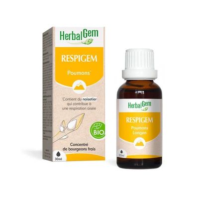 Respigem Bio HerbalGem – Poumons – 30 ml Respigem Bio HerbalGem complexe de bourgeons pour la respiration à base de noisetier, viorne lantane, romarin, flacon 30 ml