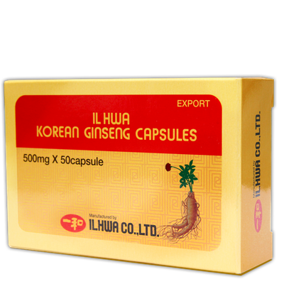 IL HWA Korean Ginseng Coréen 50 capsules – Panax Ginseng C.A. Meyer 100 % racine IL HWA Korean Ginseng Coréen 50 capsules à base de racine de Panax ginseng disponible à l'Herboristerie Cousin-Wiame