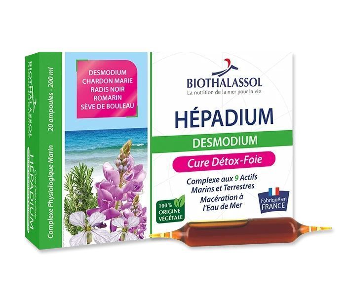 HÉPADIUM DESMODIUM Biothalassol – Boîte de 20 ampoules aux plantes et algues marines, desmodium, chardon-marie bio et romarin