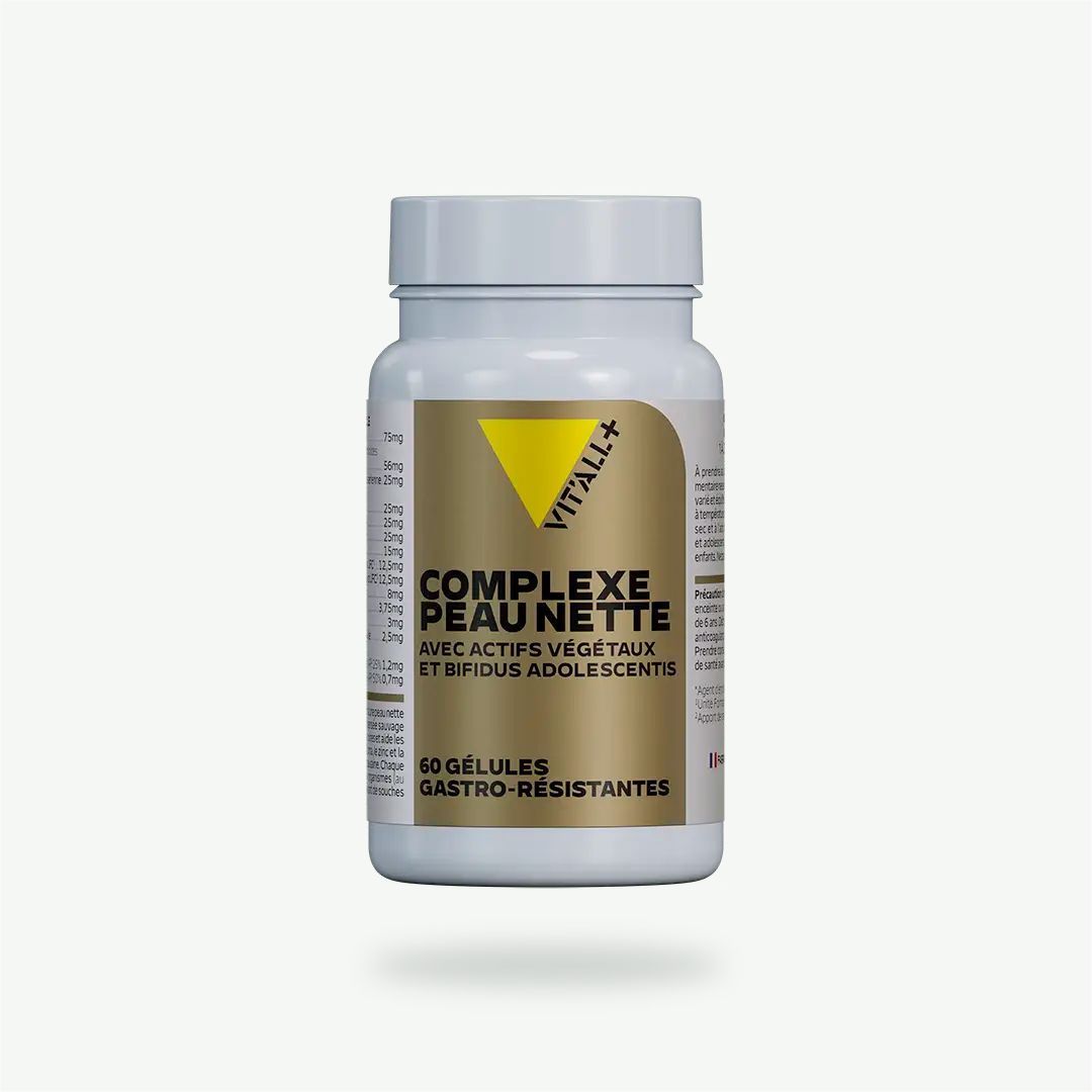 Complexe Peau Nette – 60 gélules Complexe Peau Nette Vit’All+ – 13 actifs avec pensée sauvage, ortie, curcuma, zinc, vitamine B3, Lactobacillus rhamnosus.
