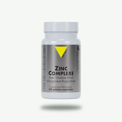 Zinc Complexe Vit’All+ avec zinc bisglycinate, manganèse bisglycinate et vitamine B6 sous forme Pyridoxal-5-phosphate.