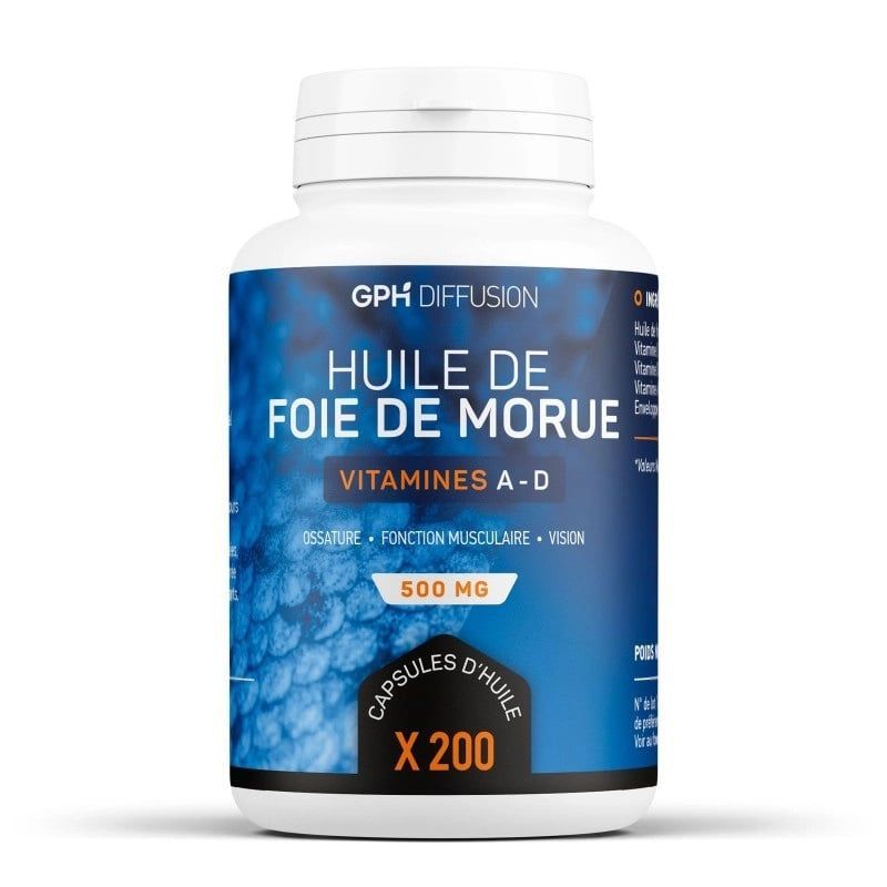 Huile de Foie de Morue 200 capsules complément alimentaire vitamines A D oméga 3 capsules