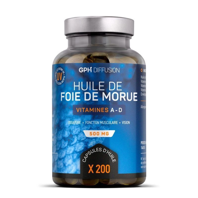 Huile de Foie de Morue – Vitamines A & D – 200 capsules Huile de Foie de Morue GPH Diffusion en capsules – Vitamines A et D pour l'ossature, fonction musculaire et vision - 200 caps