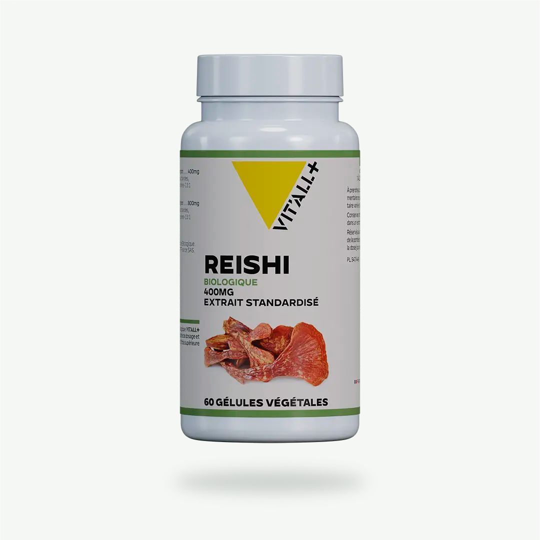 Reishi Bio 400 mg – 60 gélules Reishi Bio 400 mg Vit’All+ – Extrait de Ganoderma lucidum 13:1 standardisé à 30 % de polysaccharides, 15 % de bêta-glucanes.