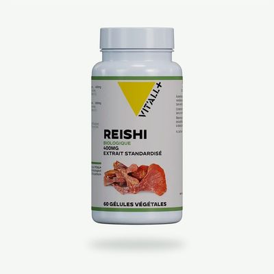 Reishi Bio 400 mg – 60 gélules Reishi Bio 400 mg Vit’All+ – Extrait de Ganoderma lucidum 13:1 standardisé à 30 % de polysaccharides, 15 % de bêta-glucanes.