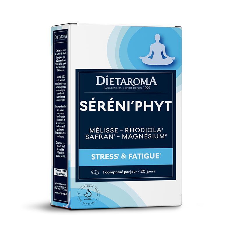 Séréni'phyt – Stress & Fatigue – 20 comprimés Séréni'phyt Dietaroma à base de mélisse, rhodiola, safran Saffr’Activ® et magnésium pour le stress et la fatigue – 20 comps.