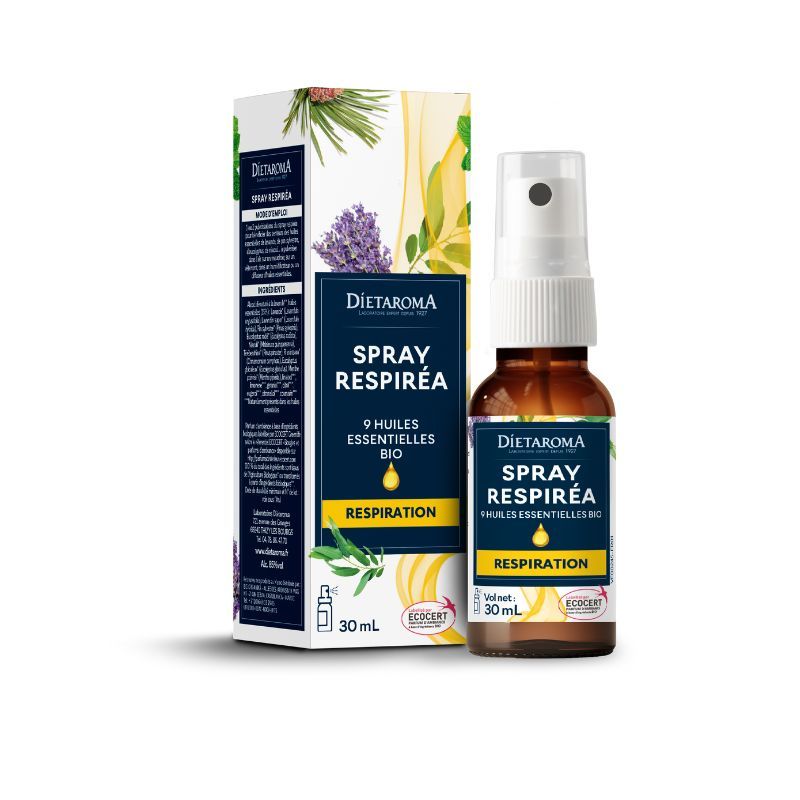 Spray Huiles Essentielles Respiréa – Respiration – 30 ml Spray Respiréa Dietaroma à 9 huiles essentielles bio dont lavande, eucalyptus, ravintsara et menthe poivrée – 30 ml