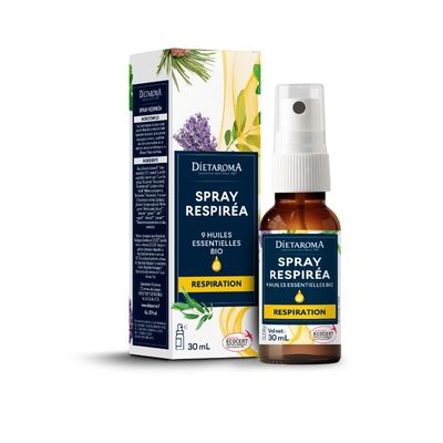 Spray Huiles Essentielles Respiréa – Respiration – 30 ml Spray Respiréa Dietaroma à 9 huiles essentielles bio dont lavande, eucalyptus, ravintsara et menthe poivrée – 30 ml