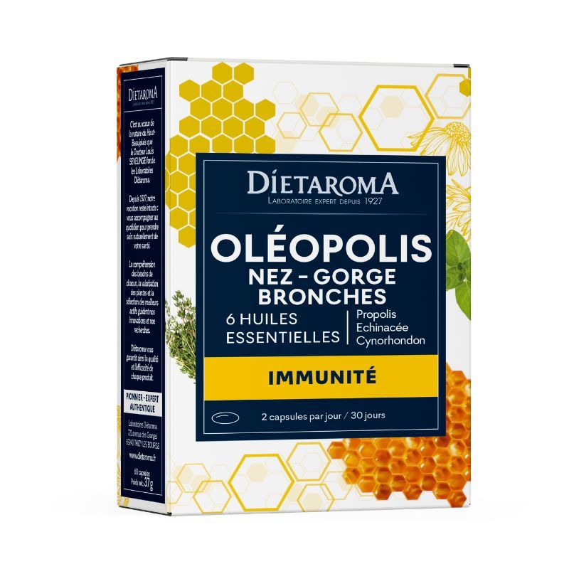 Oléopolis – Immunité – 60 capsules Oléopolis Nez Gorge Bronches Dietaroma avec propolis, échinacée, cynorrhodon et 6 huiles essentielles – 60 capsules
