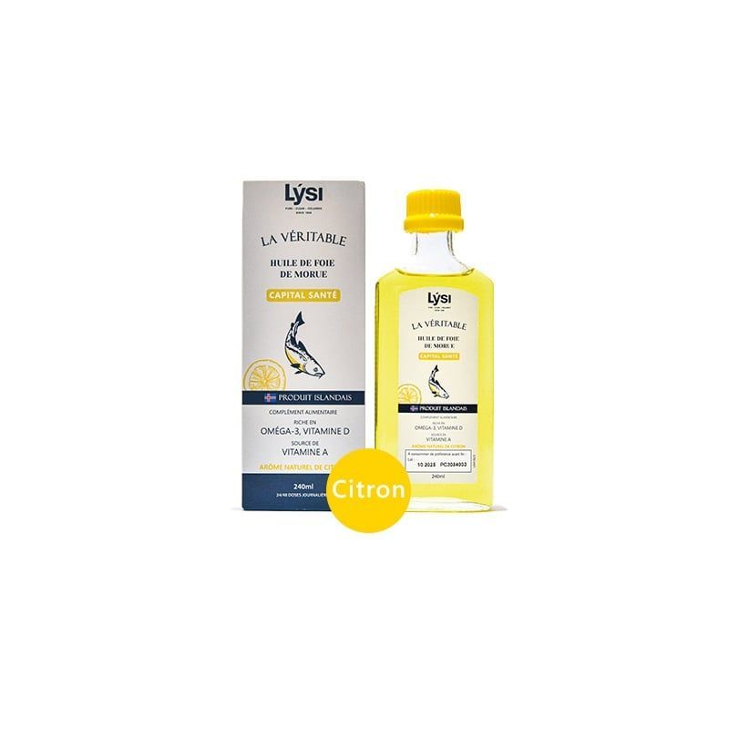 huile foie de morue citron 240 ml omega 3 EPA DHA vitamine A D E complement alimentaire lysi