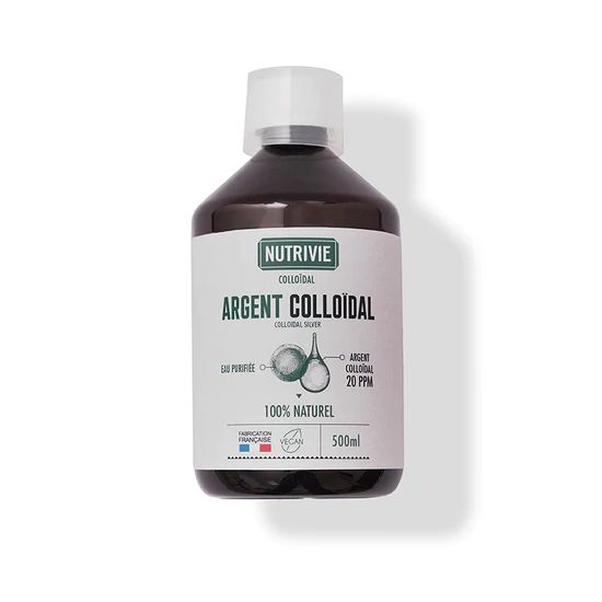 Argent colloïdal 20 PPM 500 ml Nutrivie solution argent ionique eau purifiée usage externe naturel fabrication France