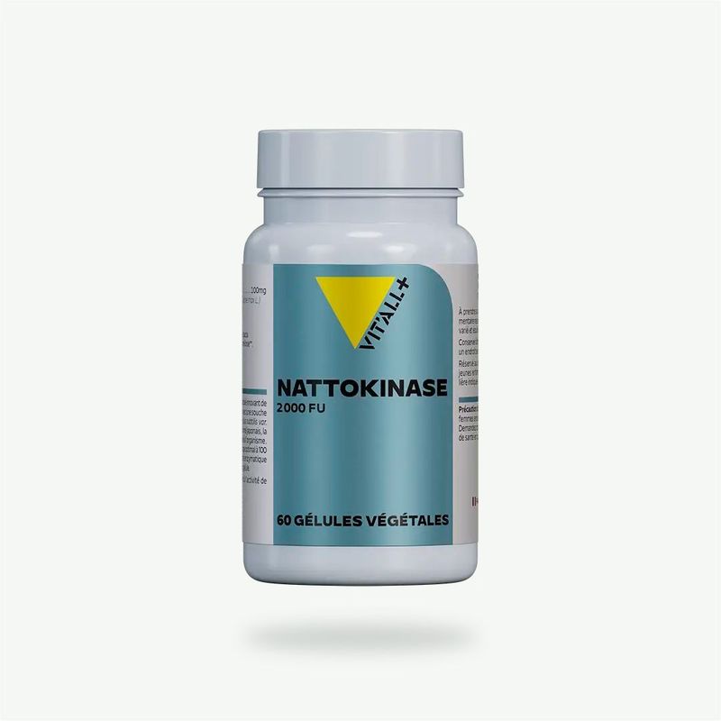 Nattokinase 100 mg 2000 FU – 60 gélules Nattokinase 100 mg Vit’All+ – Enzyme issue de fèves de soja non OGM fermentées avec une activité enzymatique de 2000 FU.