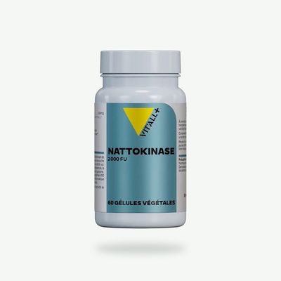 Nattokinase 100 mg 2000 FU – 60 gélules Nattokinase 100 mg Vit’All+ – Enzyme issue de fèves de soja non OGM fermentées avec une activité enzymatique de 2000 FU.