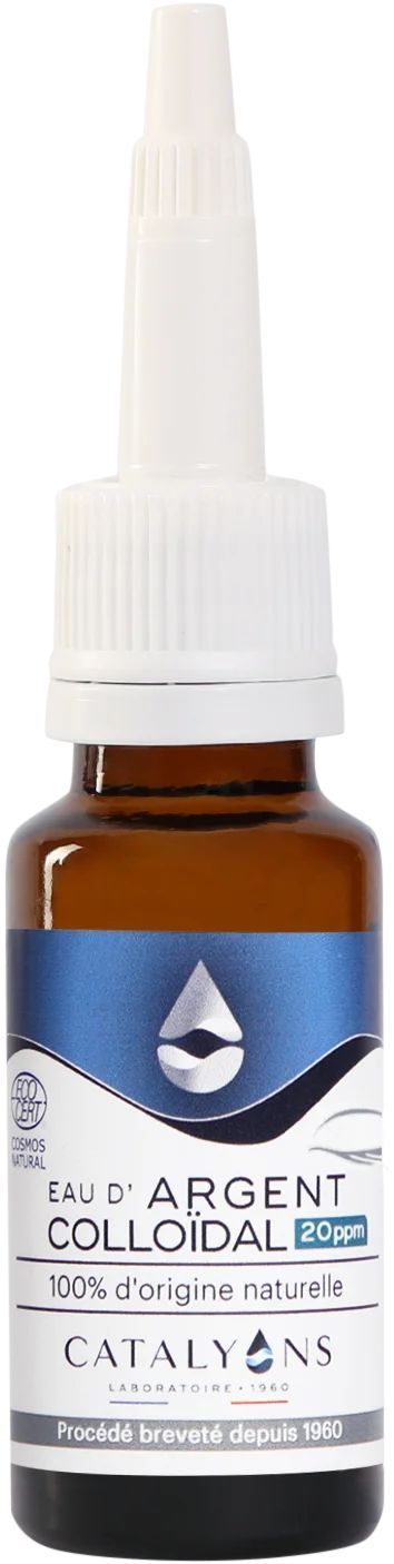 Eau d'Argent Colloïdal 20 ppm – 20 ml Eau d'Argent Colloïdal 20 ppm Catalyons – Compte-gouttes 20 ml, soin naturel du contour des yeux.