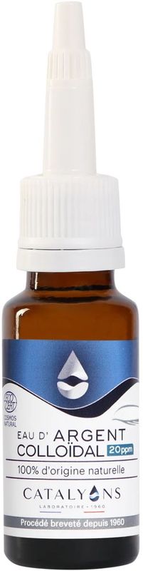 Eau d'Argent Colloïdal 20 ppm – 20 ml Eau d'Argent Colloïdal 20 ppm Catalyons – Compte-gouttes 20 ml, soin naturel du contour des yeux.