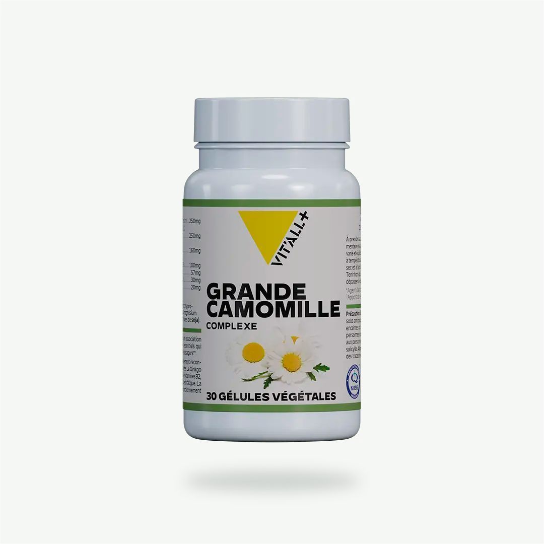Grande Camomille Complexe Vit’All+ – Grande camomille, saule, ginkgo, magnésium, vitamines B2 et B3 et ubiquinol – 30 gélules