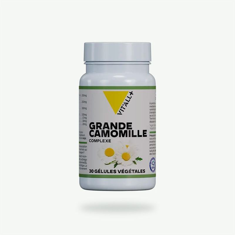 Grande Camomille Complexe – 30 gélules Grande Camomille Complexe Vit’All+ – Grande camomille, saule, ginkgo, magnésium, vitamines B2 et B3 et ubiquinol – 30 gélules