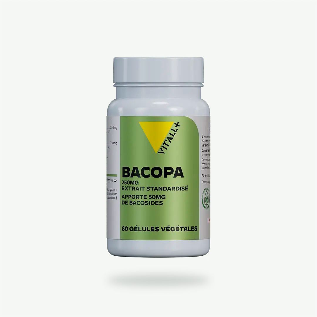 Bacopa Monnieri 250 mg – 60 gélules Bacopa Monnieri 250 mg Vit’All+ – Extrait de Brahmi standardisé à 20 % de bacosides - 60 gélules