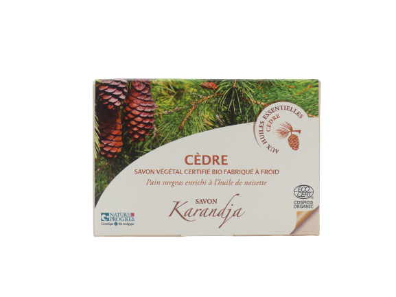 Savon cèdre 100 g surgras 5 pourcent huile noisette huiles essentielles bio COSMOS ORGANIC peau grasse savon naturel