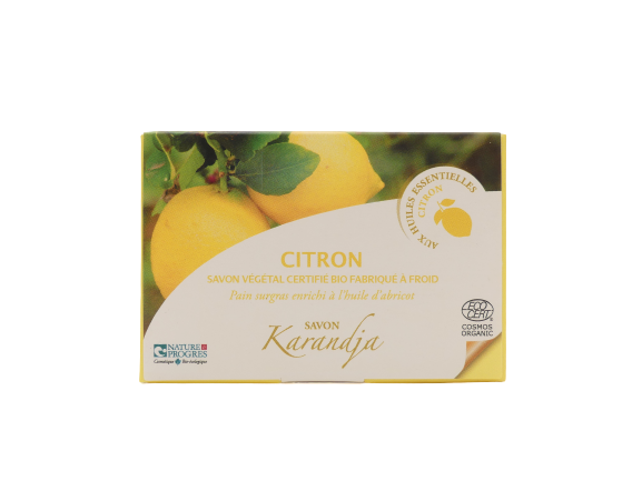 Savon citron 100 g surgras 5 pourcent huile abricot huiles essentielles bio COSMOS ORGANIC peau sèche savon naturel