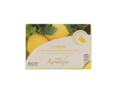 Savon citron 100 g surgras 5 pourcent huile abricot huiles essentielles bio COSMOS ORGANIC peau sèche savon naturel