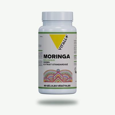 Moringa Bio 500 mg – 60 gélules Moringa Bio 500 mg Vit’All+ – Extrait 4:1 de feuilles de Moringa oleifera issu de l’Agriculture Biologique – 60 gélules