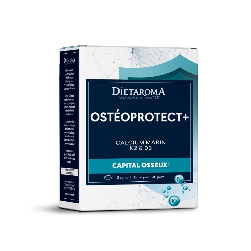 Ostéoprotect + – Capital osseux – 60 comprimés Ostéoprotect + Dietaroma au calcium marin, vitamines K2 et D3 végétale pour le capital osseux – 60 comprimés