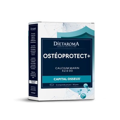Ostéoprotect + – Capital osseux – 60 comprimés Ostéoprotect + Dietaroma au calcium marin, vitamines K2 et D3 végétale pour le capital osseux – 60 comprimés