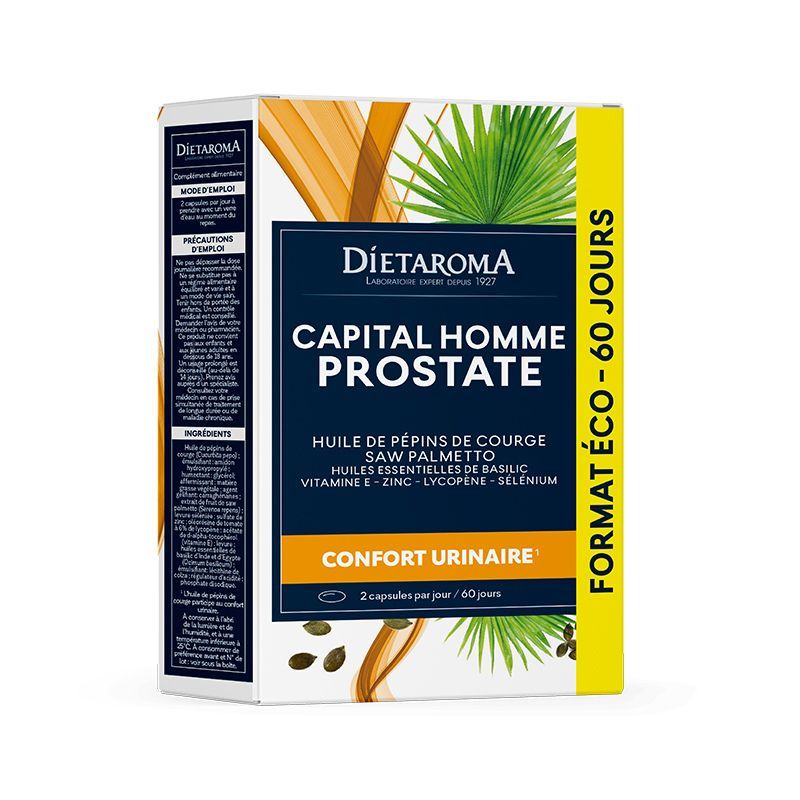 Capital Homme Prostate – Confort urinaire – 120 capsules Capital Homme Prostate Dietaroma à base de pépins de courge, Saw Palmetto, basilic, zinc pour le confort urinaire - 120 caps.