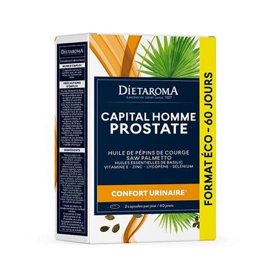 Capital Homme Prostate – Confort urinaire – 120 capsules Capital Homme Prostate Dietaroma à base de pépins de courge, Saw Palmetto, basilic, zinc pour le confort urinaire - 120 caps.