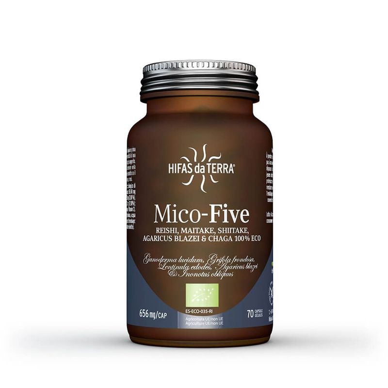 Mico-Five 70 gélules : complexe de 5 champignons bio riches en bêta-glucanes pour l’équilibre et le bien-être global.